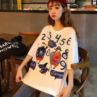 

Womens Round Neck Cartoon & Number Print Short Sleeve Loose T-Shirt