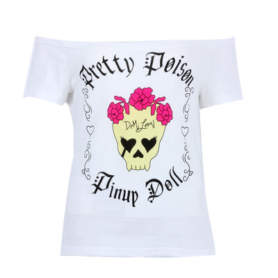 

White Letter Printed Off-shoulder Back Pink Bandage Short Sleeve Sexy Tops