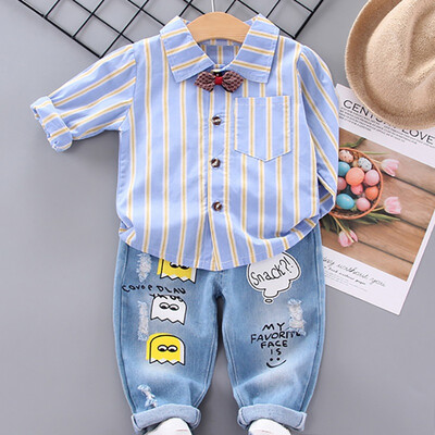 

Autumn Children Baby Boys Casual Long Sleeve Striped Print Shirt TopsCartoon Denim Pants Trouser Set