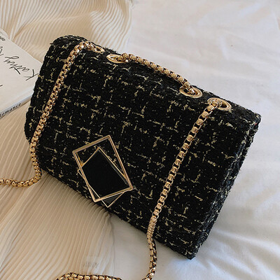 

2019 stylish Hong Kong style shoulder small square bag summer new slung tweed chain temperament messenger bag