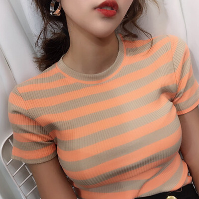 

Contrast Tape Striped Print Ribbed Tee Short Sleeve Round Neck Tops Women