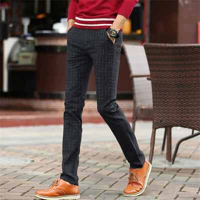

Mens Slim Fit Pants Causal Straight Plaid Cotton Trousers