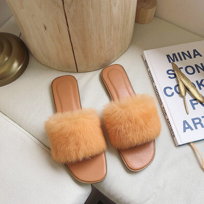 

Summer 2019 Korea retro wear sweet chic Joker net red flat padded mink Mao Mao slippers