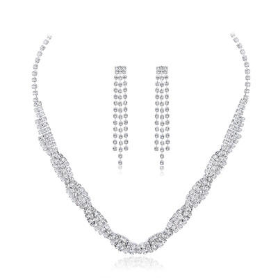 

Silver Crystal Rhinestone&Crystal Circle Stones NecklaceMatching Dangle Earrings Jewelry Set