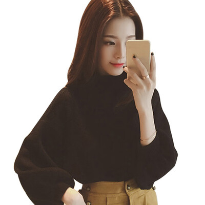 

Womens Casual Long Lantern Sleeve Loose Knitted Turtleneck Sweater Jumper Pullover Solid Tops Female 2018 Autumn New Arrival