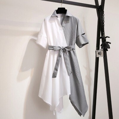 

Women Asymmetrical Color Matching Dress Stripes V-Neck Lapel Lace Casual Sweet Shirt