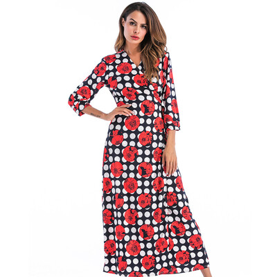 

Tailored Women Deep V Neck Polka Dot Striped Floral Print Seven Sleeve Long Dress