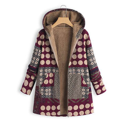 

NEW Women Ethnic Style Print Coat Hooded Casual Long Sleeve Single-Breasted Plus