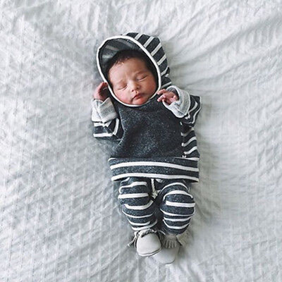 

2Pcs Newborn Infant Baby Boy Girl Clothes Set Striped Hooded TopsPants Outfits