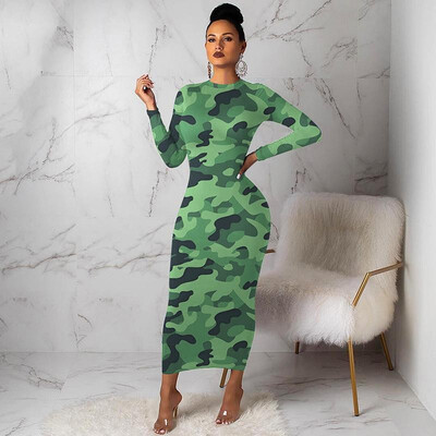 

Women Pencil Dress Colorful Camouflage Print Round Neck Long Sleeve Bandage Elegant Maxi Gown One-Piece