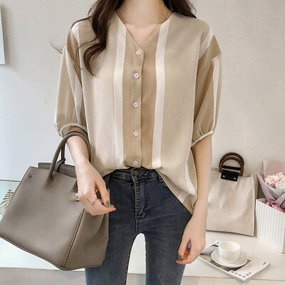 

Womens Casual Striped Shirts Loose Bat Sleeve Tops Button-Down Blouses Tunic