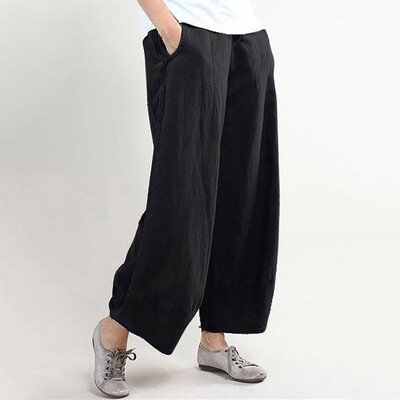 

Women Pure Color High Waist Wide Leg Pants Cotton Linen Trousers Loose Pants
