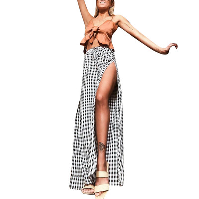 

Tailored Fashion Women High Split Plaid Lace Up Side Slit Casual Sexy Wide Leg Pants