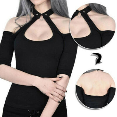 

Women Gothic Shirts Crop Tops Cold Shoulder Halter Neck Chain Punk Vest Blouse