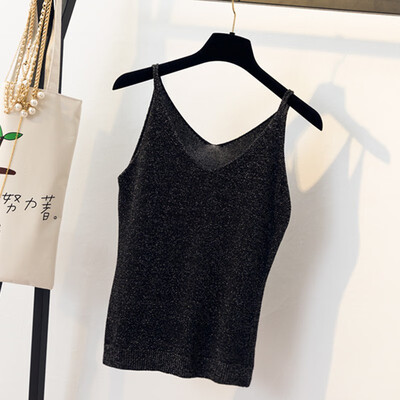 

Women Casual Sleeveless Solid Color Tank Tops Simple Sexy V-Neck Spaghetti Strap Slim Tops Female Thin Camisole Top 9 Colors