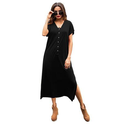 

Solid Button Dress Women Short Sleeve V-neck Sexy Slit Loose Long Dresses