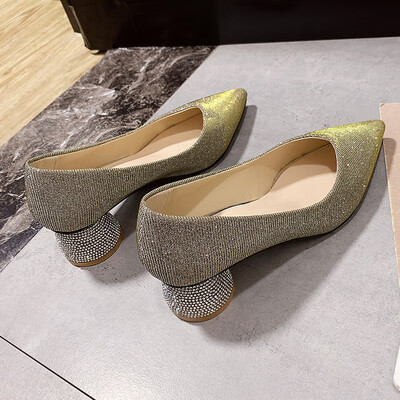 

Crystal Shoes Sequin High-heeled Shoes Womens Coarse Joker Wedding Shoes Fairy Wind Shallow Mouth Pointed Womens Shoes