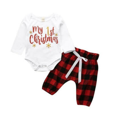 

US My 1st Christmas Baby Boy Girl Newborn Xmas Clothes Romper Plaid Pants Outfit