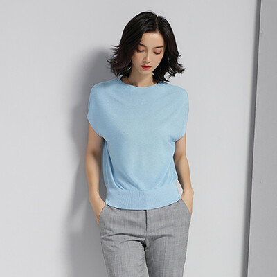 

Womens Fashion O Neck Solid Short Knitted Ice Silk Slim Pullover T-Shirt