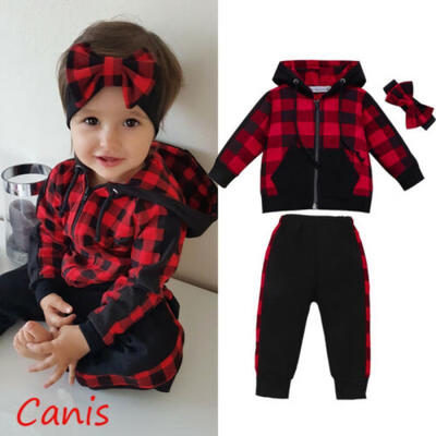 

US Toddler Baby Girl Winter Clothes Plaid Zipper Coat TopLong Pants Outfit 3PCS