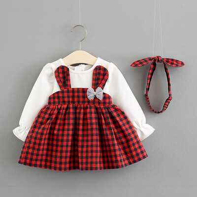 

Toddler Baby Girls Plaid Long Sleeve Rabbit Princess DressHeadband Set Outfits