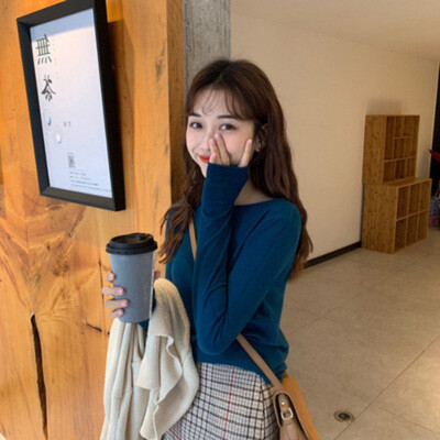 

Simple Casual Solid Color Womens Bottoming Tops Korean Style Round Neck Long-sleeved T-shirts