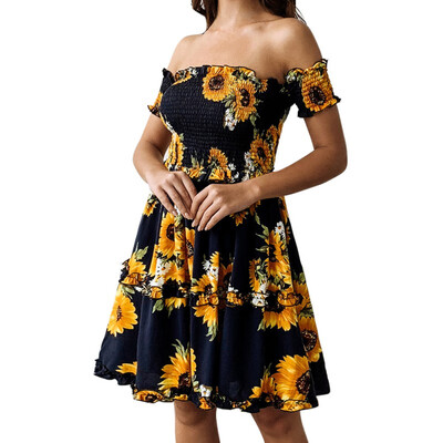 

Women Strapless Floral Print Dress Ladies Fashion Slash Neck Tunic Dress Party Beach Mini Dress