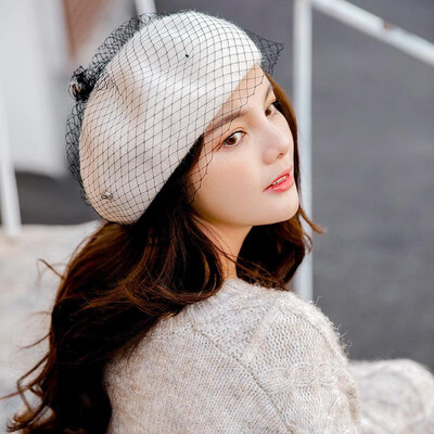 

Fashion Women Winter Mesh Beret Solid Color Letter  Adjustable Pumpkin Hat Vintage Elegant Painter Hat