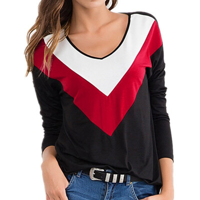 

2019 Autumn Fashion Women Color matching Casual Wild O-neck Long sleeves T-shirt