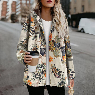 

Toponeto Women Vintage Leaves Floral Printed Pockets Button Hooded Coats Outwear