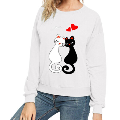 

2019 New Fashion Casual Women Cat printing O-neck Long sleeves Loose Sweatshirt
