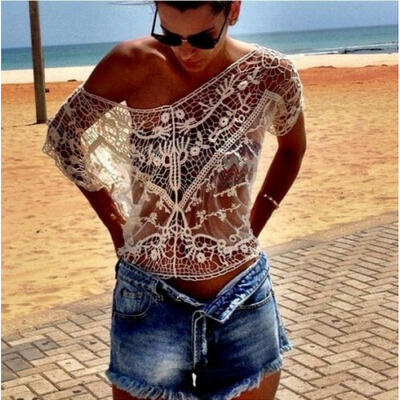 

US Women Summer Batwing Crochet Lace Top T-shirt Beach Sexy Casual Loose Blouse