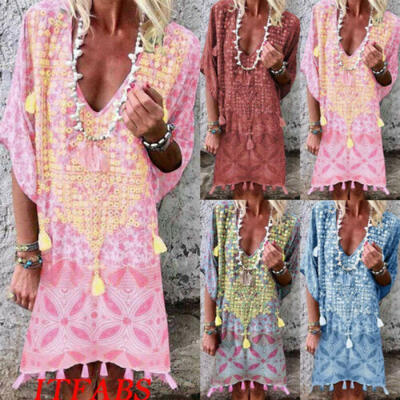 

Women Short Sleeve Summer Boho Printed Beach Casual Loose Mini Shirt Beach Dress
