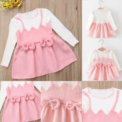 

Newborn Baby Kid Girl Bowknot Long Sleeve Pageant Party Princess Tutu Dress 0-3T