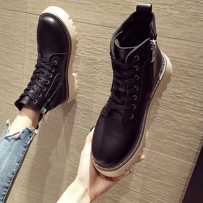 

Martins boots female English wind autumn retro round head lace-up boots ins tide side zipper boots