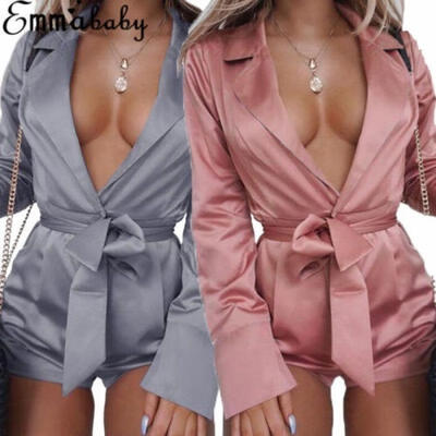 

Sexy Womens V-neck Satin Mini Playsuit Plunge Belted Jumpsuit Beach Shorts S-XXL