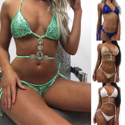 

Women Sexy Push-Up Crystal Rhinestone Bikini Set Padded Sequins Swimsuit Bathing Beachwear Swimwear