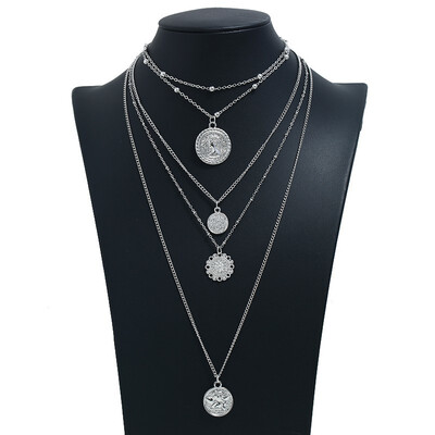 

New Alloy Necklace Retro Sequin Long Necklace Moon Big Pendant Gold Necklace Multi-layer Hot Bohemian Summer Accessories