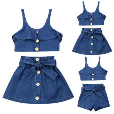 

2PCS Toddler Kids Girls Denim Blue Strap Tops ShortsSkirt Outfits Set Clothes
