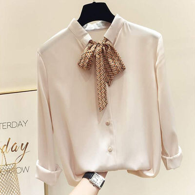 

Harajuku Summer Blouse Women Long Sleeve Shirts Fashion Chiffon Shirt Bow Office Ladies Black White Tops