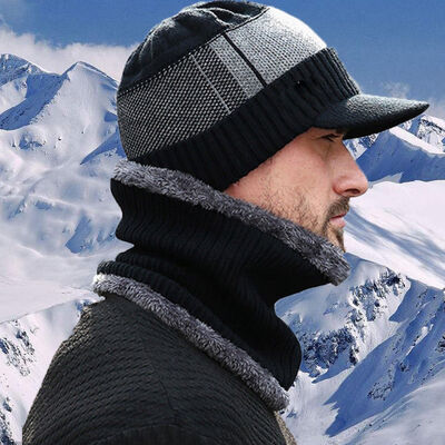 

Men Camping Hat Winter Beanie Baggy Warm Wool Fleece Ski Cap Scarf Neckerchief