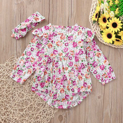 

Newborn Baby Girls Floral Print Romper JumpsuitHeadband Casual Set Clothes