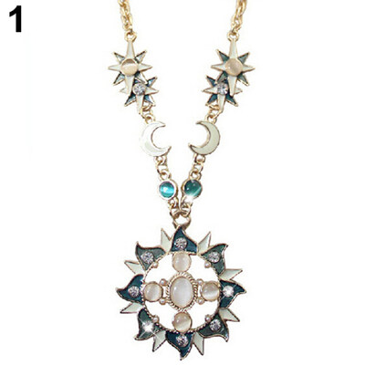 

Women Mystic Rhinestone Sun Moon Pendant Long Chain Sweater Necklace Jewelry