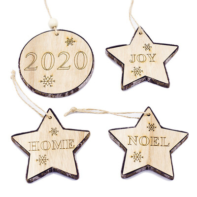 

Christmas Tree Pendant Bark Pentagram Carving Letters Snowflake Carved Wooden Round Pendant Indoor Holiday Decoration