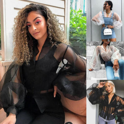 

Women Lace Mesh Sheer See-through lantern Sleeve Tops Shirts Lace Up Blouse