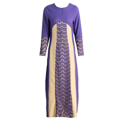 

New Fashion Women Muslim Maxi Dress Contrast Color Pitches Long Sleeve Abaya Kaftan Islamic Indonesia Robe Long Dress