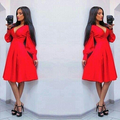 

Sexy Women Summer Long Sleeve Evening Party Cocktail Casual Short Mini Dress Red