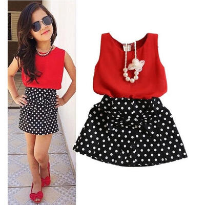 

Temperament Chiffon TopsBowknot Dot Skirt Clothes Girls Baby Kids Outfits Set