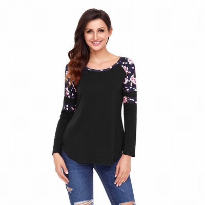 

Round neck long sleeve floral print hem comfortable casual smock
