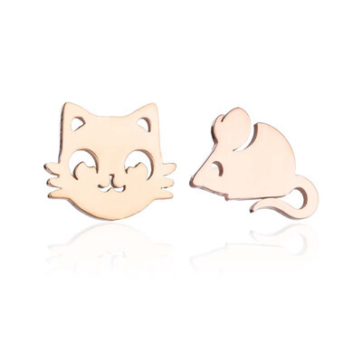 

1 Pair Creative Asymmetry Cartoon Cat Mouse Stainless Steel Stud Earring Women